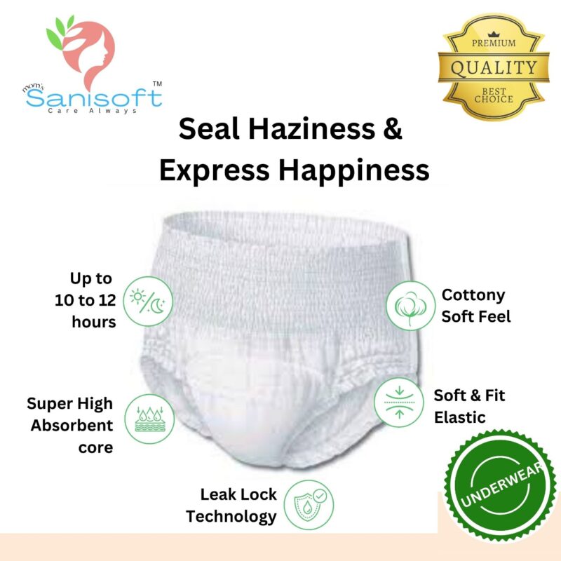 Sanisoft Premium Adult Diaper Pant Style (pull up)– Medium Size (M), 30 Pieces: - Image 2